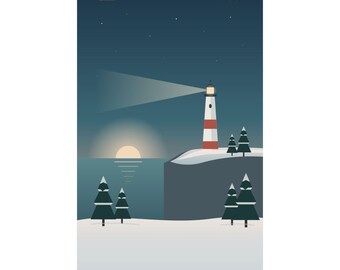 Lámina decorativa de faro invernal, póster de atardecer costero nevado, decoración de paisaje marino en tonos verde azulado y melocotón, arte para sala de estar de casa de lago, regalo de invierno
