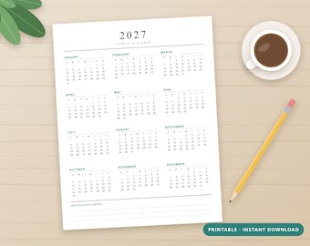 Calendario imprimible 2027, resumen anual en una página, calendario anual minimalista en PDF, planificador de pared tamaño carta estadounidense, inicio en domingo.