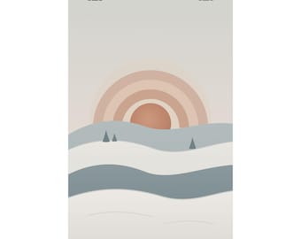 Lámina decorativa de pared con diseño bohemio de sol invernal, póster de colinas nevadas onduladas, paisaje neutro de mediados de siglo, decoración acogedora para el dormitorio, regalo de invierno.