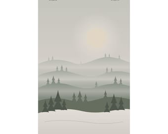 Lámina decorativa de pared con temática de bosque invernal con niebla, póster de pinos en tonos verde salvia apagados, decoración neutra de temporada, arte acogedor para dormitorio de cabaña.