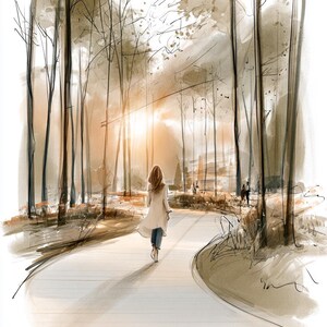 Può includere: Un'illustrazione digitale di una persona che cammina lungo un sentiero attraverso un bosco con alberi alti e sottili. La scena è resa in tonalità marrone, beige e bianco, con un sole luminoso visibile attraverso gli alberi sullo sfondo.