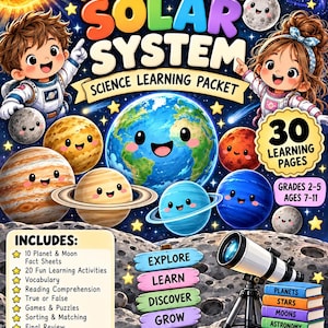 May include: A science learning packet titled All About Our Solar System featuring cartoon astronauts, smiling planets, a telescope, and a list of 30 learning pages for grades 2-5. The cover includes text like Explore, Learn, Discover, Grow.