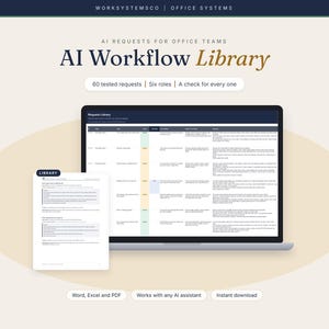 Könnte beinhalten: Ein digitales Produkt mit dem Titel AI Workflow Library für Büroteams, bestehend aus einem Laptop mit einer Tabelle von 60 getesteten Anfragen für sechs Rollen sowie einer Dokumentenseite mit der Aufschrift Library, kompatibel mit Word, Excel und PDF.