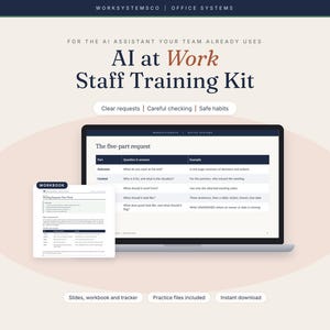 Puede incluir: Un kit de formación de personal AI at Work con un portátil que muestra una tabla de solicitud de cinco partes y una página de libro de ejercicios. El texto incluye Clear requests, Careful checking, Safe habits y etiquetas de archivos.