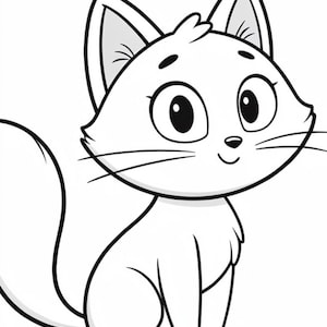 Puede incluir: Una ilustración de arte lineal en blanco y negro de un gato de dibujos animados sentado de perfil. El gato presenta ojos grandes, orejas puntiagudas, una nariz pequeña y bigotes largos, con un contorno grueso para colorear o diseños.