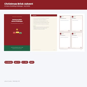 Puede incluir: Un conjunto de PDF imprimible titulado Christmas Brick Advent Challenges con 24 tareas de construcción. El documento incluye una portada, instrucciones y tarjetas para el 1 al 4 de diciembre con consignas para construir.