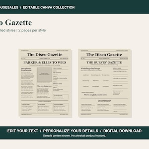Op de afbeelding: Een digitale Canva-sjablooncollectie genaamd Disco Gazette met twee trouwprogrammapagina's in krantenstijl, voorzien van kolommen, koppen zoals Parker & Ellis to Wed en The Guests' Gazette, en secties voor trouwdag-bingo en advertenties.