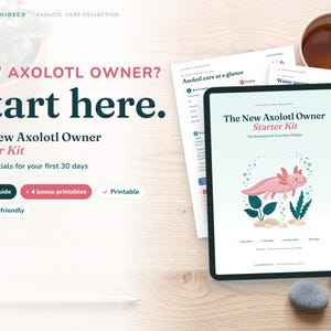 May include: A digital tablet displays The New Axolotl Owner Starter Kit with a pink axolotl illustration. The screen shows text including The essentials for your first 30 days. Printed pages with Axolotl care at a glance are visible nearby.