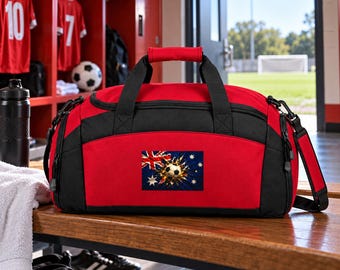 Australian Soccer Duffel Bag, Football Sports Gym Bag, Aussie Flag Soccer Gear Bag, Player Gift, Red Black Training | Sports Duffle