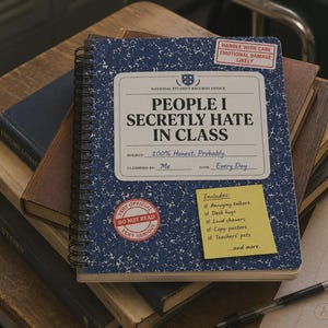 Puede incluir: Un cuaderno de notas con cubierta moteada azul y blanca y encuadernación de espiral negra. La portada presenta el texto "PEOPLE I SECRETLY HATE IN CLASS" y "NATIONAL STUDENT RECORDS OFFICE", junto a una nota adhesiva amarilla con una lista.