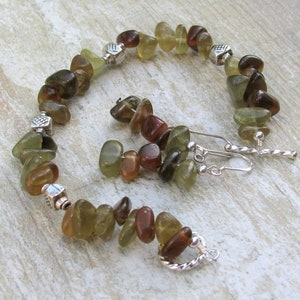 Natural Garnet with Sterling Silver beaded bracelet and earring set