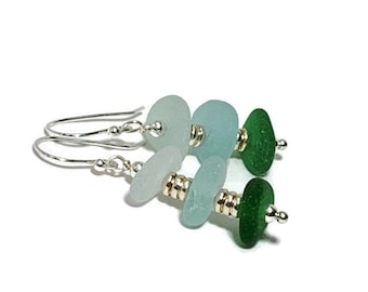 Natural Sea Glass Earrings with accented silver beads.