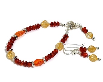 Pulsera y pendientes con cuentas de carnelian y citrino con cuentas de acento de plata
