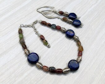 Lapis Lazuli, Tourmaline and Sterling Silver beaded bracelet and earring set.