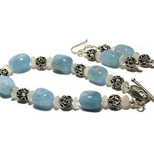Aquamarine, Moonstone, and Sterling Silver beaded bracelet and earring set