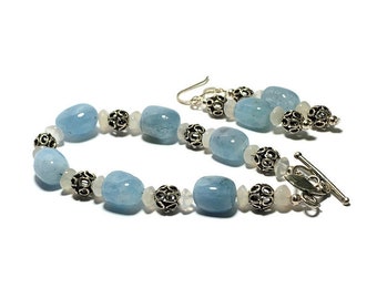 Aquamarine, Moonstone, and Sterling Silver beaded bracelet and earring set