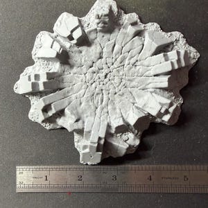 May include: A light gray, circular resin base for miniature figures featuring a textured, crater-like surface with jagged, protruding rock formations. A stainless steel ruler placed below shows the object is approximately 3.5 inches wide.