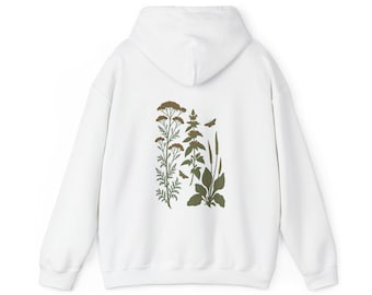 Sudadera con capucha Night Garden Nature Lover, estampado floral vintage en la espalda.