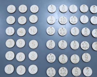 Wood Replacement Number Tokens with Alphabet and Roll Chance Indicator for popular board games