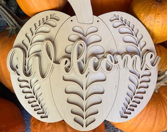 Fall Pumpkin Welcome sign, multilayer blank unfinished Hanging Wooden 3D Sign, Front Door Autumn/Fall Decorations, Wall Art, Farmhouse Decor