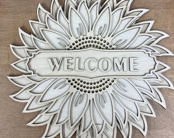 SUPER Sunflower Welcome sign, multilayer blank unfinished Hanging Wooden 3D Sign, Front Door Spring Summer Seasonal Decorations