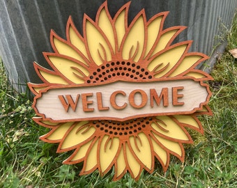 Sunflower Welcome sign, multilayer blank painted and stained Hanging Wooden 3D Sign, Front Door Spring Summer Seasonal Decorations