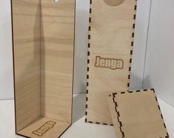 Storage Box and Set-up guide for Tower-building games like Tower of Blocks game or Jenga Customizable Words on front