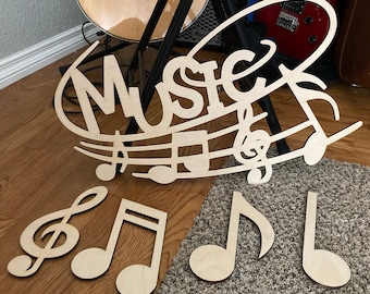 Wooden Music sign with 4 notes for music room decor or living room lightweight decor easy to hang