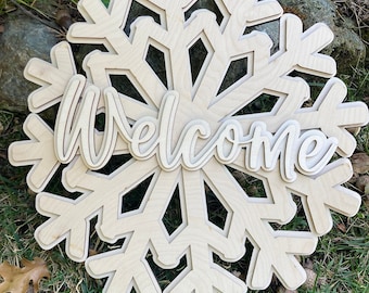 Winter Snowflake Welcome sign multilayer blank unfinished Hanging Wooden 3D Sign Front Door Christmas Decorations, Wall Art Farmhouse Decor