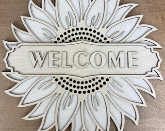Unfinished Sunflower Welcome sign, multilayer blank, Hanging Wooden 3D Sign, Front Door Spring Summer Seasonal Decorations