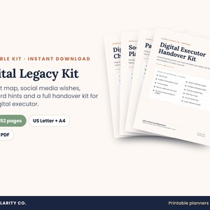 Digitales Vermächtnis-Kit (ausfüllbares PDF), digitale Nachlassplanung, Passwort-Hinweis-Protokoll, Vermächtnis in sozialen Medien, digitale Checkliste für Testamentsvollstrecker, A4 & US Letter