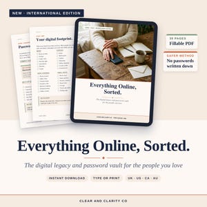 May include: A 39-page fillable PDF digital legacy and password vault titled Everything Online, Sorted. The document includes checklists for digital footprints, money, and travel accounts, presented with a clean layout and clear typography.
