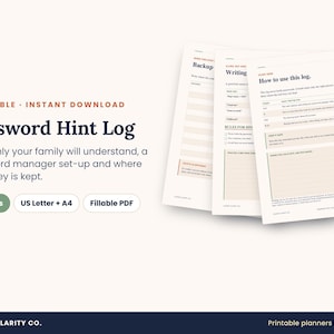 Password Hint Log Fillable PDF, Safer Password Keeper Alternative, Login Hints Without Passwords, Digital Legacy Planner, A4 & Letter