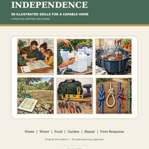 Puede incluir: Un libro titulado Everyday Independence: 50 Illustrated Skills for a Capable Home. La portada presenta un collage de seis imágenes que muestran a una familia leyendo un mapa, almacenamiento de agua, enlatado, jardinería, herramientas y nudos de cuerda.