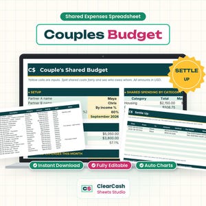 May include: A digital shared expenses spreadsheet titled Couples Budget displayed on a laptop screen. The interface features tables for setup, shared spending by category, and a settle up tab with yellow and dark green accents.