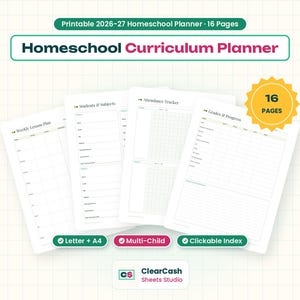 2026-2027 Homeschool Curriculum Planner, Lesson Plan, Attendance Log (PDF)