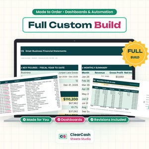 May include: A digital dashboard display showing financial statements, profit and loss tables, and expense logs. Text includes Made to Order, Full Custom Build, Key Figures, Monthly Summary, and ClearCash Sheets Studio on a grid background.