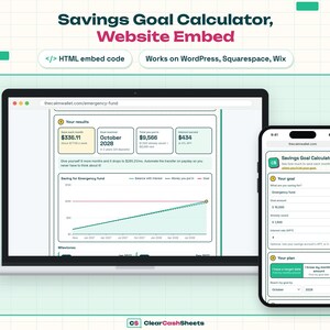Savings Goal Website Calculator, HTML Widget for WordPress & Squarespace (Website Embed Code)