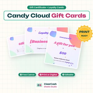 Editable Canva Gift Certificate & Loyalty Card Set, Playful Pastel Candy Cloud Design (Digital Download)