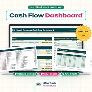 May include: A digital cash flow dashboard spreadsheet displayed on a laptop screen, featuring tables for inputs, expenses, and monthly profit and loss. The interface includes text labels like Small Business Spreadsheet and ClearCash Sheets Studio.