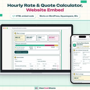 Op de afbeelding: Een laptop en een smartphone met de interface van een website voor uurtarief- en offerteberekeningen. De schermen tonen financiële gegevensvelden, inkomstenoverzichten en een offertetool met tekstlabels en informatie over platformcompatibiliteit.