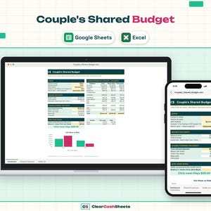 Pode incluir: Um modelo de planilha digital Couple's Shared Budget exibido na tela de um laptop e de um smartphone. A interface inclui seções para configuração, renda, despesas compartilhadas e um gráfico de barras mostrando os valores.