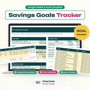 May include: A digital Savings Goals Tracker template for Google Sheets and Excel displayed on a laptop screen. The interface features dark teal headers, light yellow input cells, and tables tracking financial goals, deposits, and monthly plans.