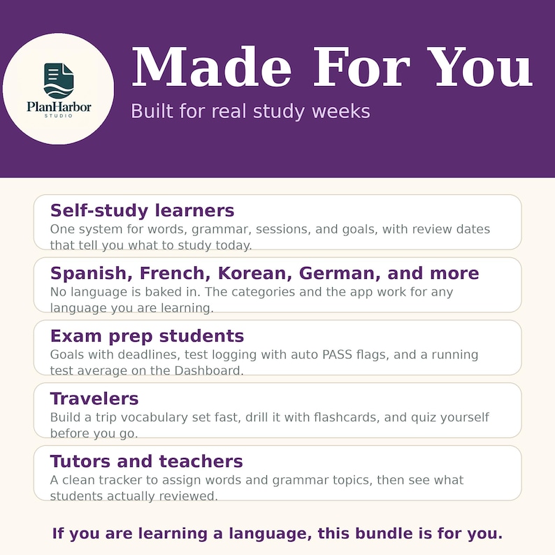 May include: A digital study planner graphic with a purple header reading Made For You and Built for real study weeks. It lists features for self-study learners, language students, exam prep, travellers, and teachers with descriptive text.