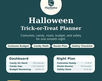Puede incluir: Un planificador digital de Halloween Trick-or-Treat de PlanHarbor Studio. La interfaz azul verdoso oscuro incluye secciones para presupuesto de disfraces, cálculo de dulces, ruta y lista de seguridad, además de un panel.