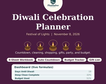 Puede incluir: Un planificador digital de celebraciones de Diwali de PlanHarbor Studio sobre un fondo morado oscuro. Incluye cinco iconos de diya, texto para un libro de trabajo de 8 hojas, cuenta atrás automática, presupuesto y panel.