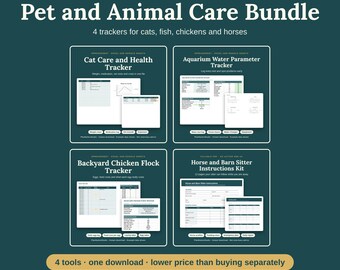 Puede incluir: Un paquete digital 4 en 1 de cuidado de mascotas y animales con rastreadores para gatos, peces, pollos y caballos. Incluye un rastreador de salud para gatos, un rastreador de parámetros de agua de acuario, un rastreador de gallinero y un kit de instrucciones para cuidadores de caballos, sobre un fondo verde azulado oscuro.