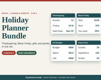 Puede incluir: Un paquete de planificadores navideños digitales para Excel y Google Sheets con cuatro planificadores y calculadoras automáticas. El diseño muestra tablas para Acción de Gracias, Black Friday, presupuesto de regalos y comida de fiesta.