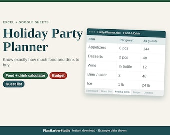 Puede incluir: Un planificador de fiestas digital para Excel y Google Sheets. La interfaz muestra una tabla de Food & Drink con columnas para artículos, cantidades por invitado y totales para 24 invitados, incluyendo aperitivos, postres, vino, cerveza, sidra y hielo.