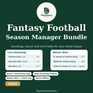 May include: A dark green digital Fantasy Football Season Manager Bundle graphic featuring the PlanHarbor Studio logo, Live Standings, and Waiver Wire tables. Text includes Excel + Interactive App, Auto Standings Engine, Waiver Wire + Trade Log, Works Offline, and Digital.